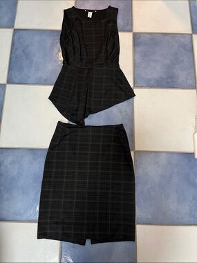 White House Black Market Black Plaid Peplum Top & Pencil Skirt Set